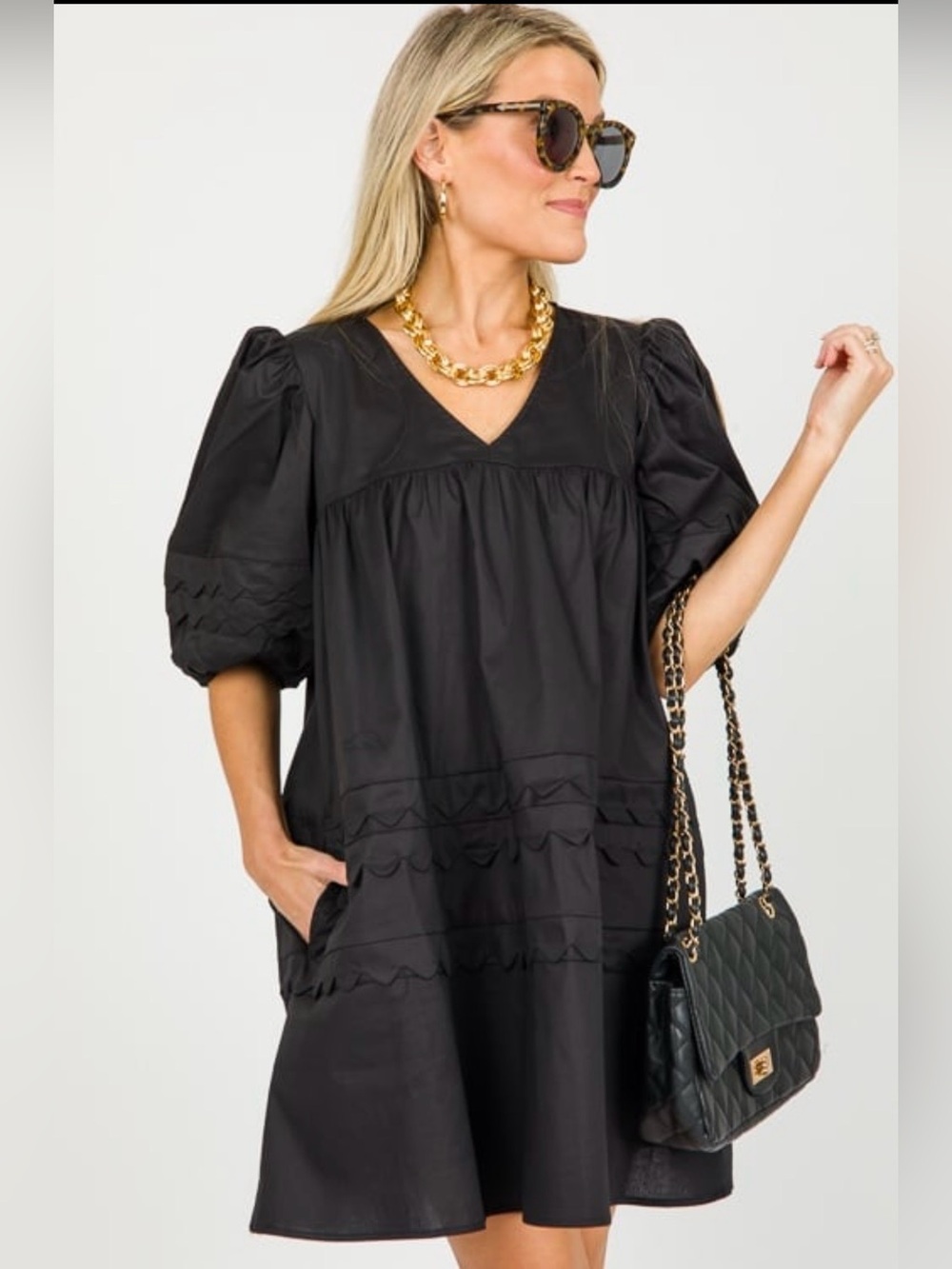 Olivia James The Label SCALLOPED POPLIN DRESS, BLACK Size XS Cotton Black